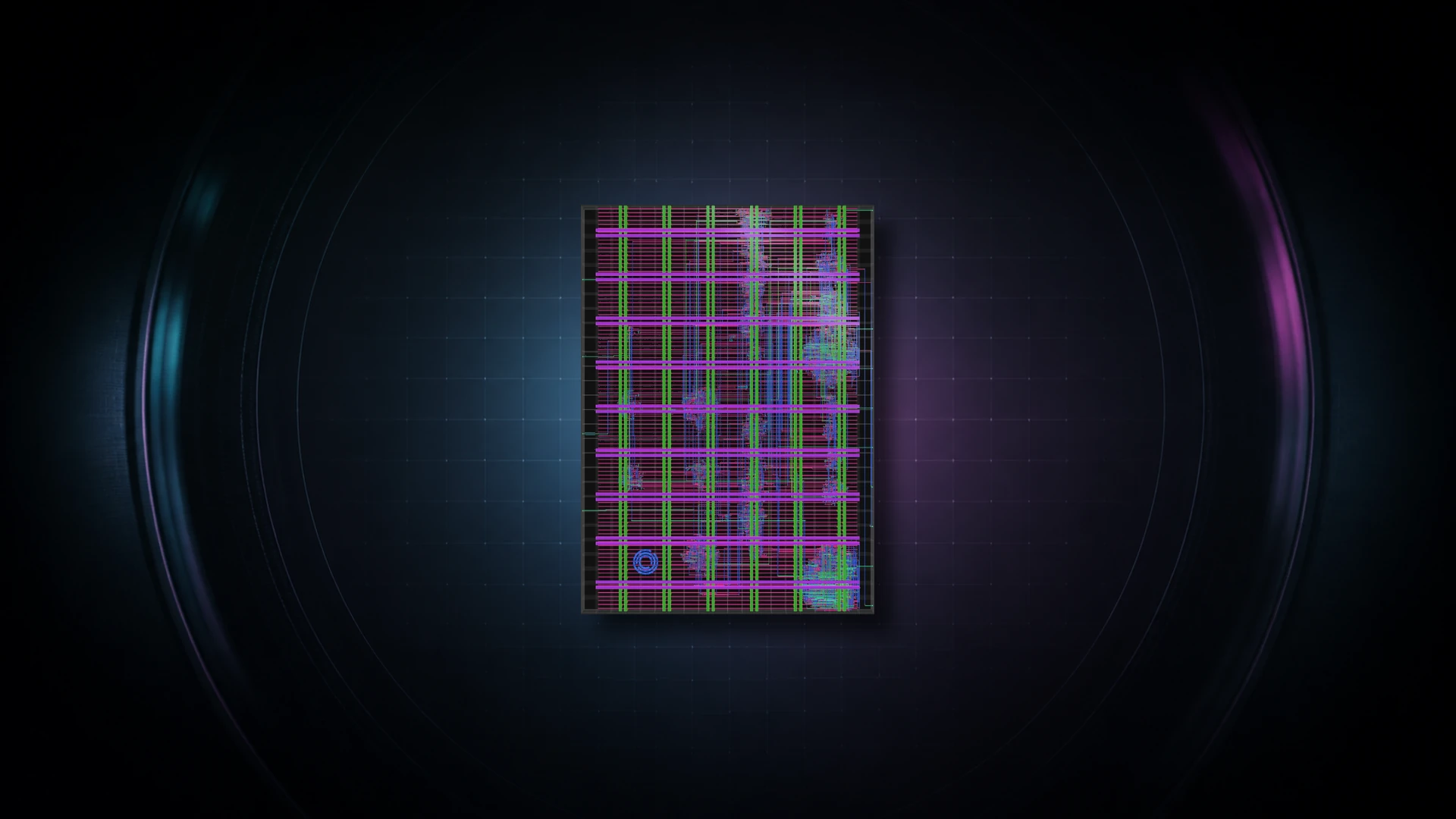 Recovered ASIC die viewed under a wafer-inspection microscope