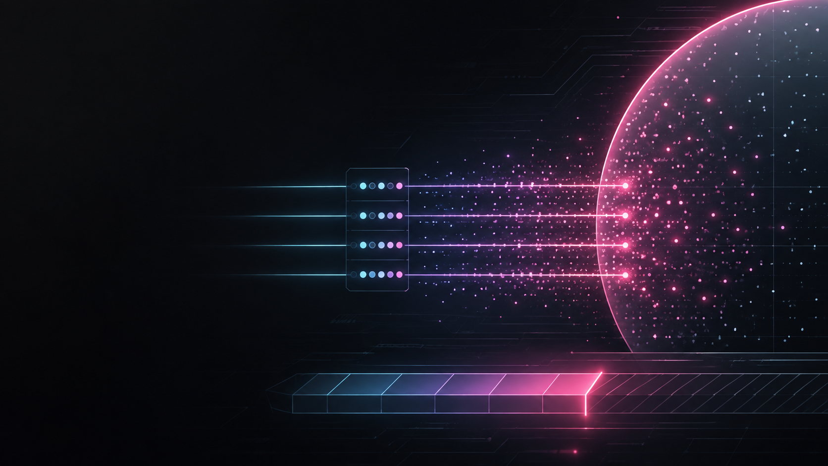 Glowing cyan and pink SIMD lanes, a particle field, and an arena memory slab with a bright allocation boundary